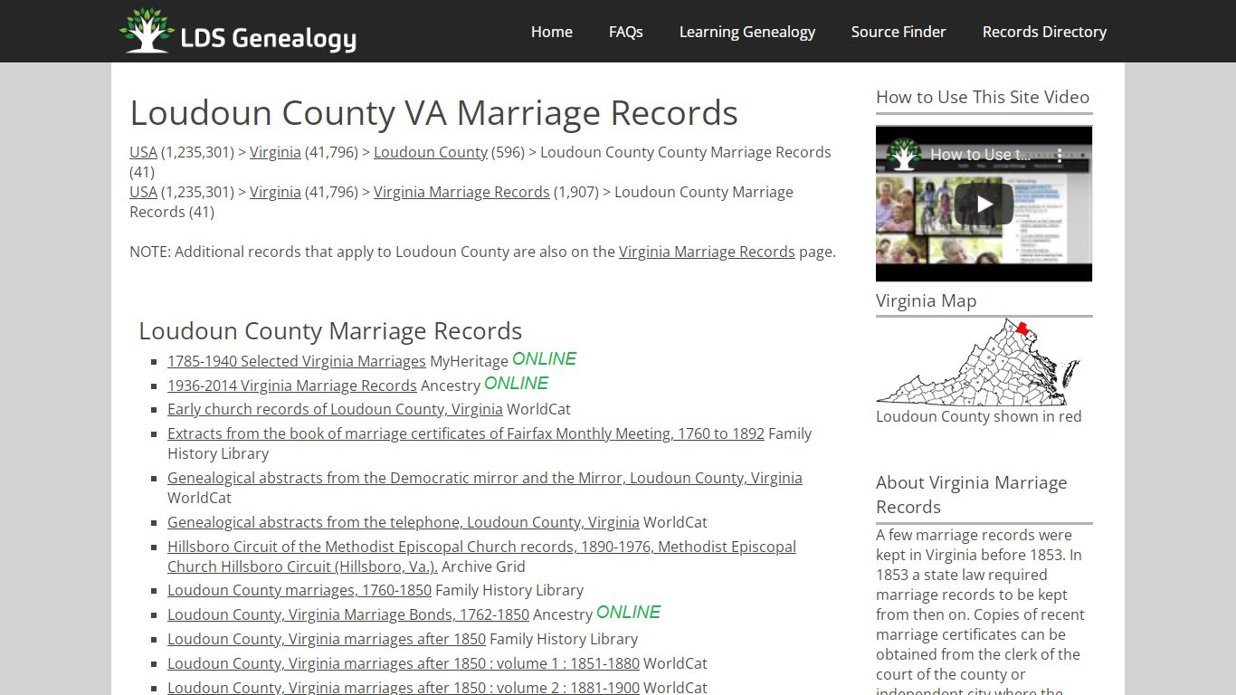 Loudoun County VA Marriage Records - LDS Genealogy